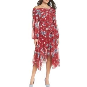 Ever New Red Floral Asymmetrical Off-The-Shoulder Dress Size 12